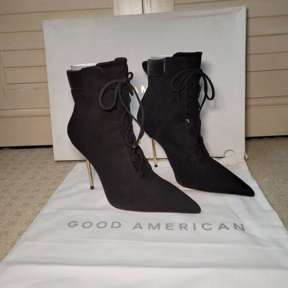 Good American Scandal Lace Up‎ Stilleto Booties Faux Suede - Black, Size 7.5